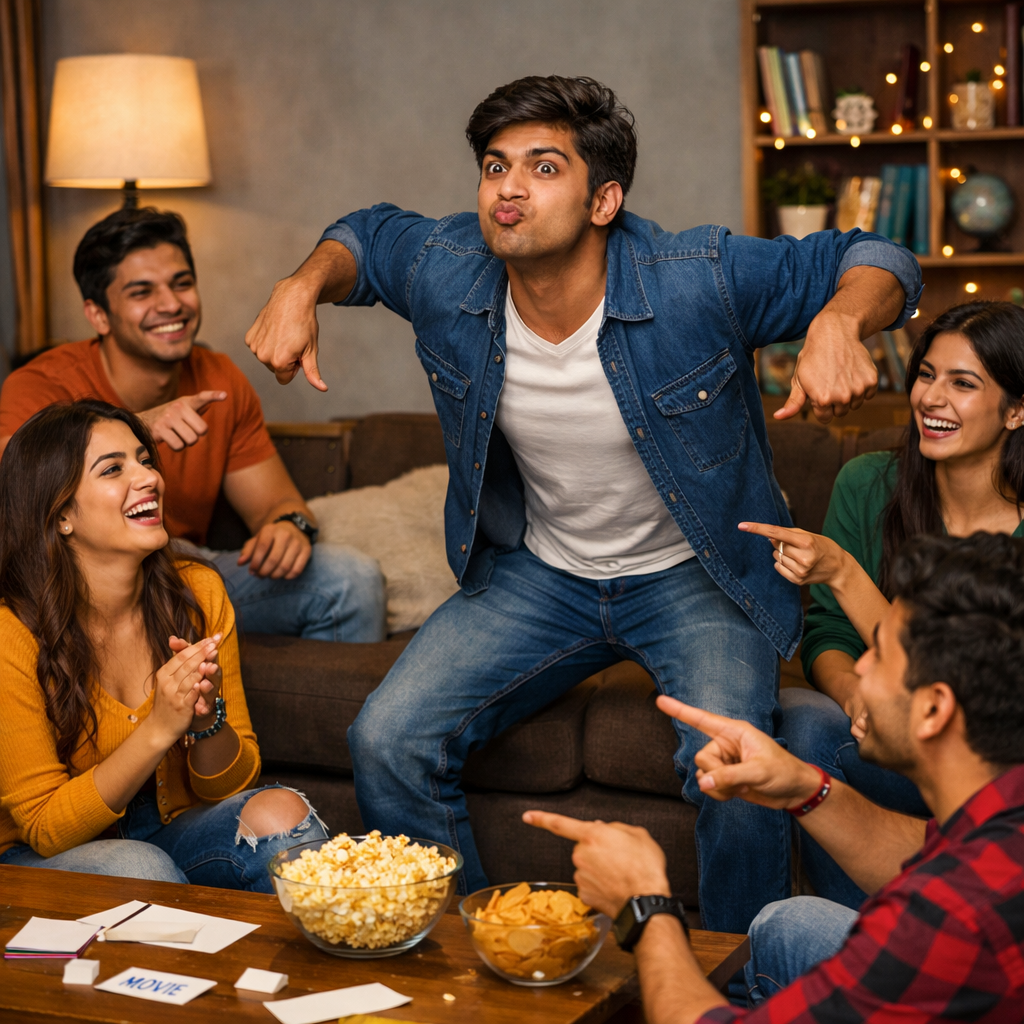 A group laughing during a dumb charades round